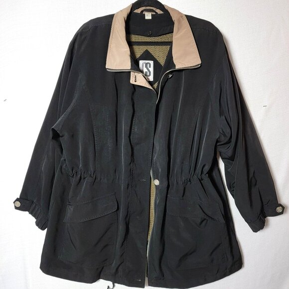 CS SIGNATURE Womens Windbreaker Coat Sz 1X Pockets Lined Button & Zip Black/Tan - Picture 1 of 16